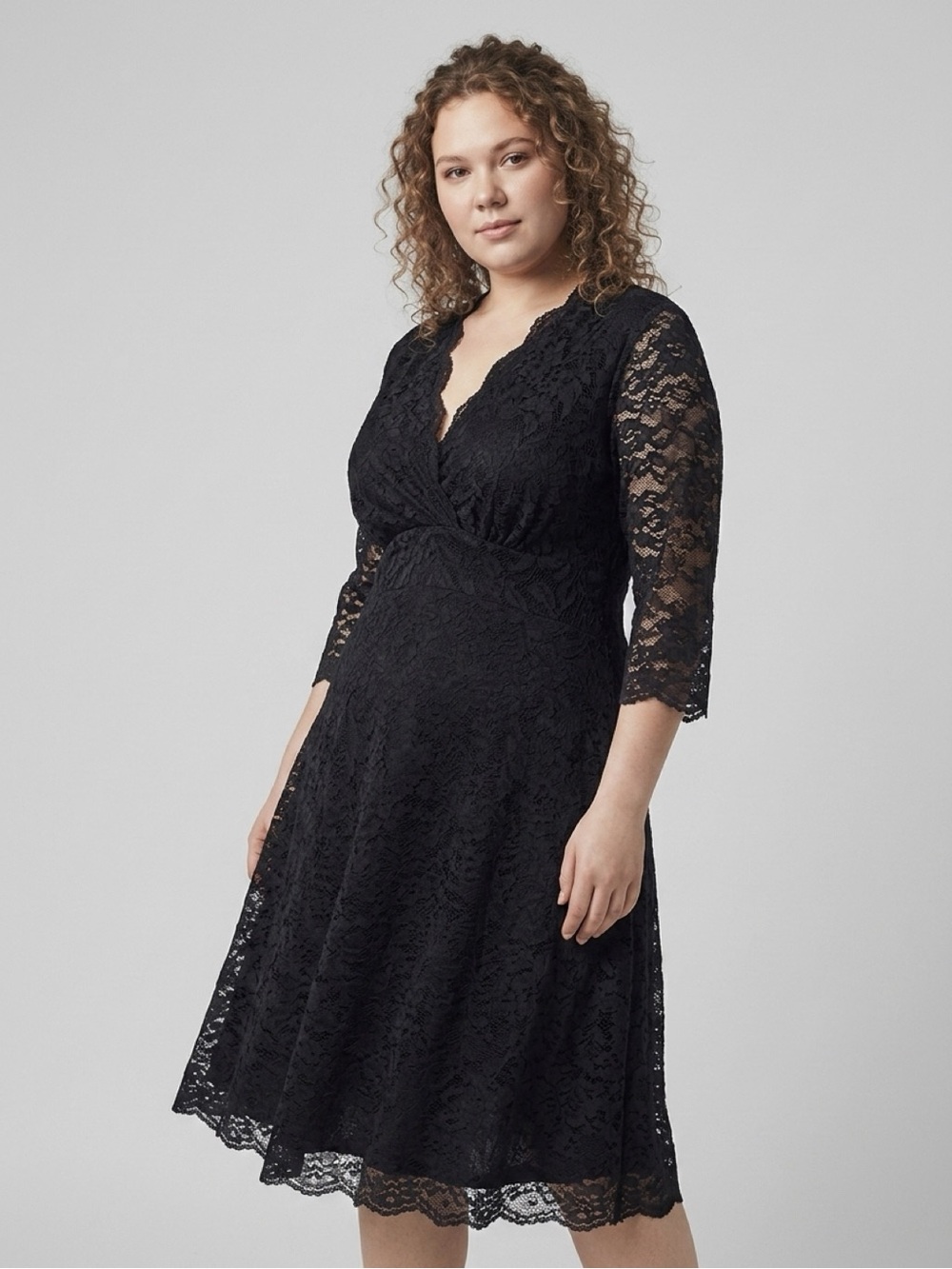 Kiyonna Black Lace V-Neck Long Sleeve Dress